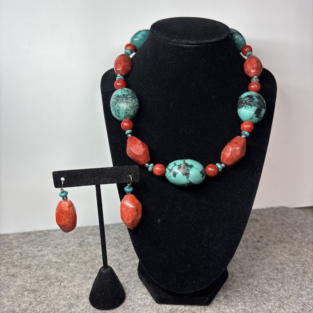 Lucas LaMeth Turquoise and Red Jasper Chunky Necklace and Earring Set 925
